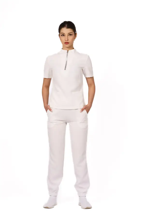 Uniforma medicala dama, bluza cu fermoar-pantaloni jogger, alb