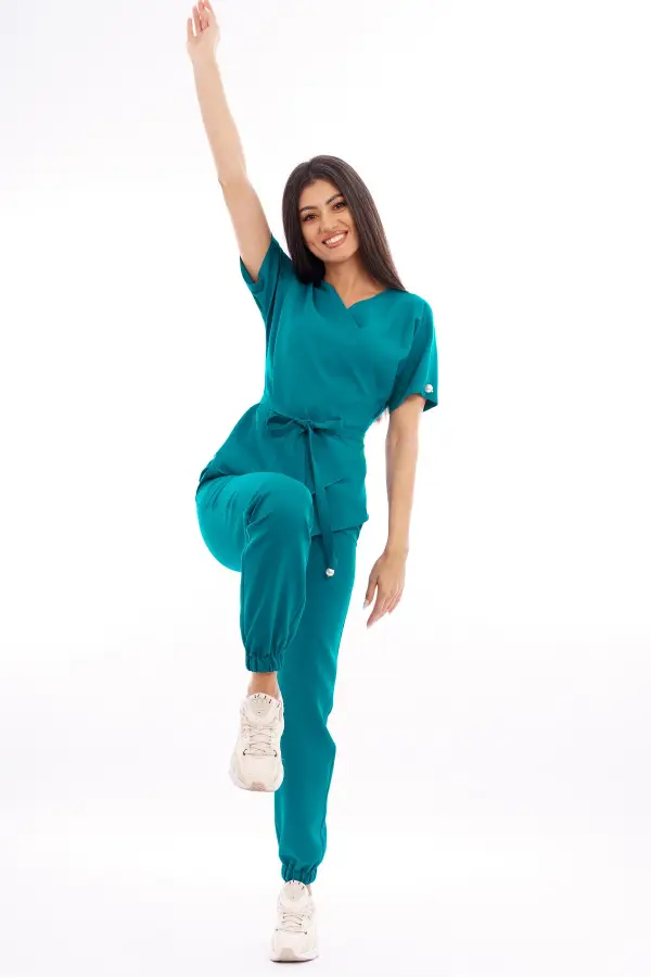 Costum medical dama, bluza-pantaloni, turcoaz inchis